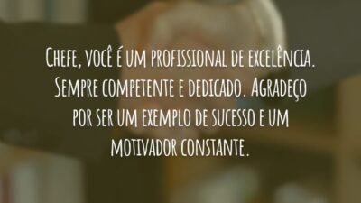 Chefe, você é um profissional de excelência. Sempre competente e dedicado. Agradeço por ser um exemplo de sucesso e um motivador constante.