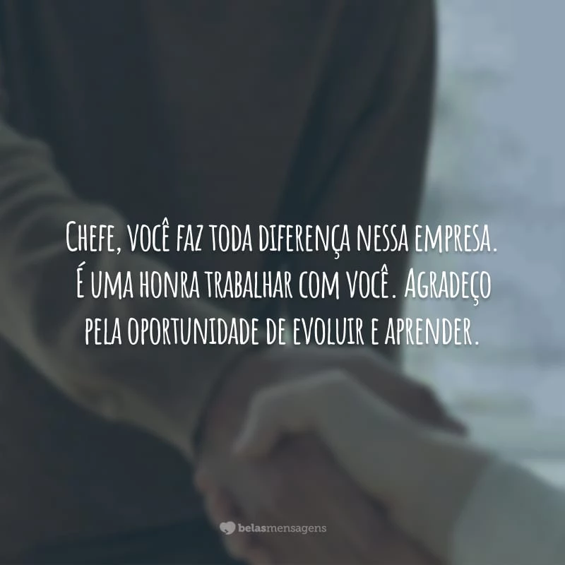 Chefe, você faz toda diferença nessa empresa. É uma honra trabalhar com você. Agradeço pela oportunidade de evoluir e aprender.