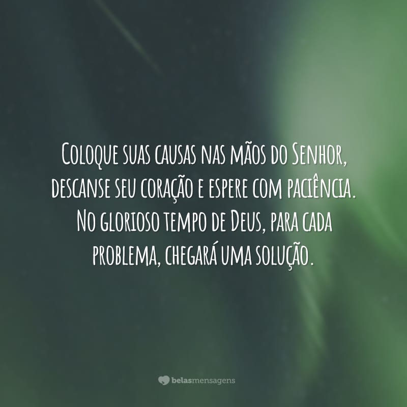 Coloque suas causas nas mãos do Senhor, descanse seu coração e espere com paciência. No glorioso tempo de Deus, para cada problema, chegará uma solução.