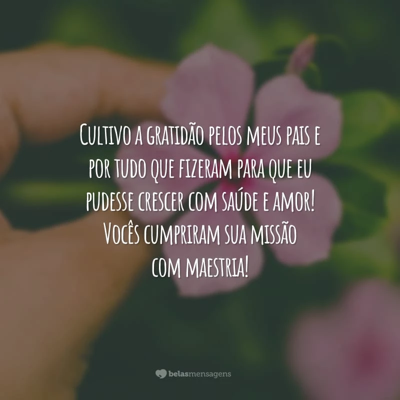 Cultivo a gratidão pelos meus pais e por tudo que fizeram para que eu pudesse crescer com saúde e amor! Vocês cumpriram sua missão com maestria!