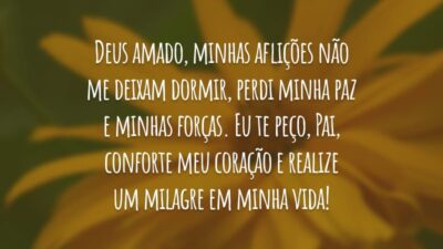 Deus amado, minhas aflições não me deixam dormir, perdi minha paz e minhas forças. Eu te peço, Pai, conforte meu coração e realize um milagre em minha vida!