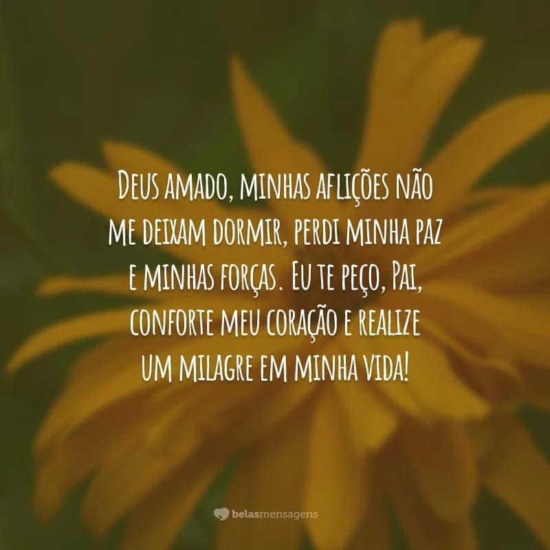 Deus amado, minhas aflições não me deixam dormir, perdi minha paz e minhas forças. Eu te peço, Pai, conforte meu coração e realize um milagre em minha vida!