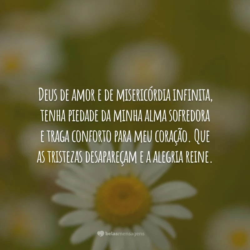 Deus de amor e de misericórdia infinita, tenha piedade da minha alma sofredora e traga conforto para meu coração. Que as tristezas desapareçam e a alegria reine.