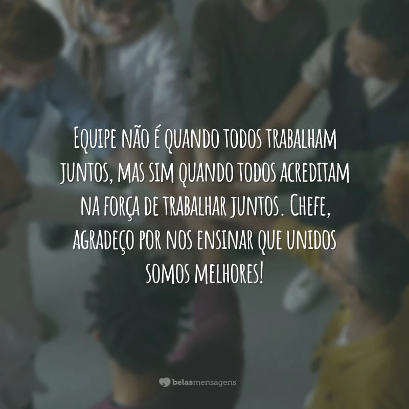 Equipe não é quando todos trabalham juntos, mas sim quando todos acreditam na força de trabalhar juntos. Chefe, agradeço por nos ensinar que unidos somos melhores!