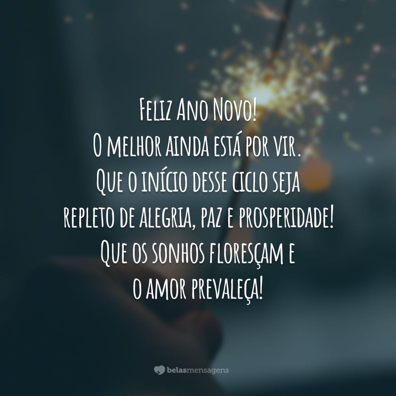 Feliz Ano Novo! O melhor ainda está por vir. Que o início desse ciclo seja repleto de alegria, paz e prosperidade! Que os sonhos floresçam e o amor prevaleça!