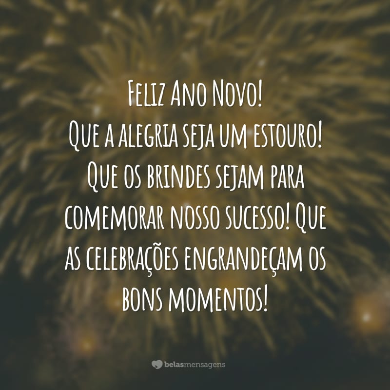 Feliz Ano Novo! Que a alegria seja um estouro! Que os brindes sejam para comemorar nosso sucesso! Que as celebrações engrandeçam os bons momentos!