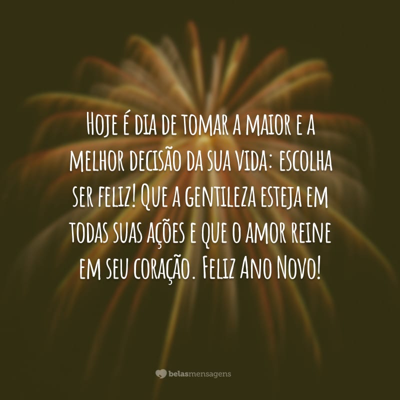 Hoje é dia de tomar a maior e a melhor decisão da sua vida: escolha ser feliz! Que a gentileza esteja em todas suas ações e que o amor reine em seu coração. Feliz Ano Novo!