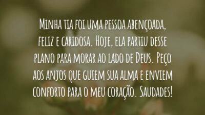 Minha tia foi uma pessoa abençoada, feliz  e caridosa. Hoje, ela partiu desse plano para morar ao lado de Deus. Peço aos anjos que guiem sua alma e enviem conforto para o meu coração. Saudades!