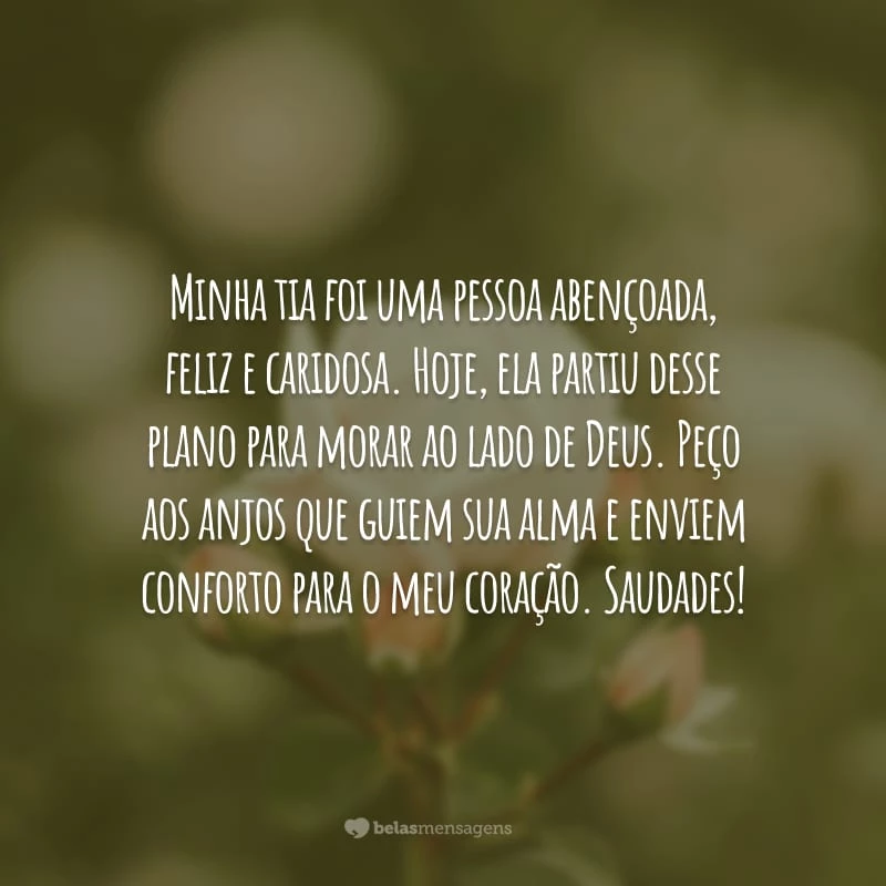 Minha tia foi uma pessoa abençoada, feliz  e caridosa. Hoje, ela partiu desse plano para morar ao lado de Deus. Peço aos anjos que guiem sua alma e enviem conforto para o meu coração. Saudades!