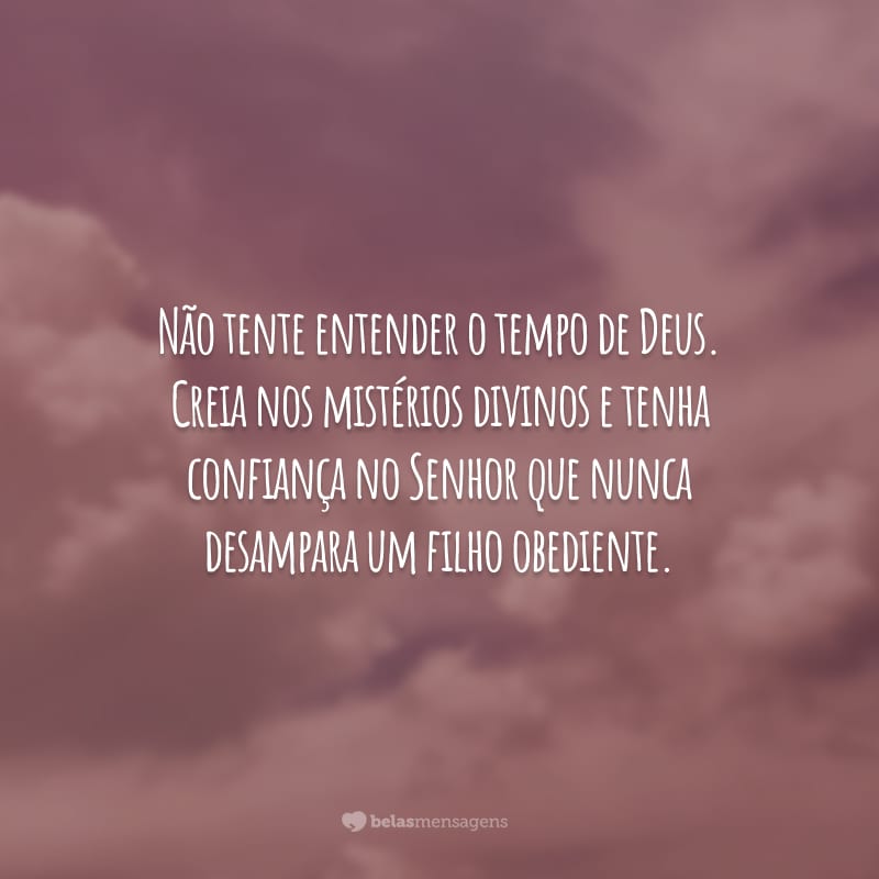 Não tente entender o tempo de Deus. Creia nos mistérios divinos e tenha confiança no Senhor que nunca desampara um filho obediente.