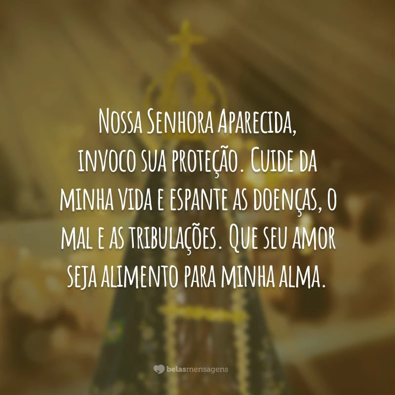 Nossa Senhora Aparecida, invoco sua proteção. Cuide da minha vida e espante as doenças, o mal e as tribulações. Que seu amor seja alimento para minha alma.