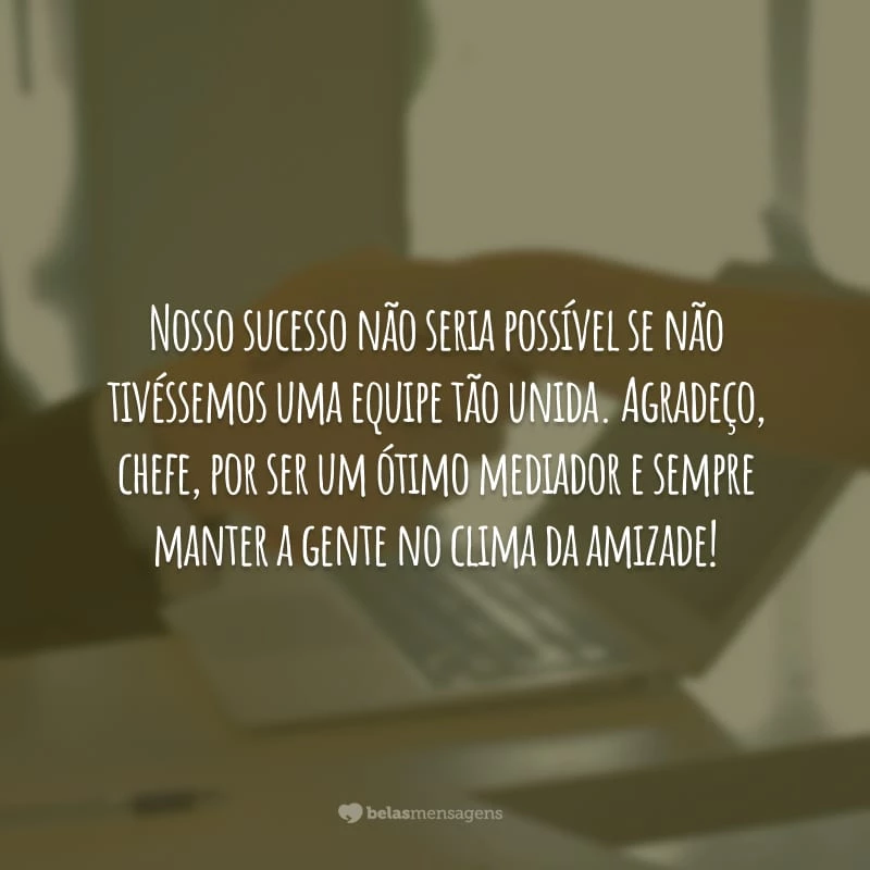 Nosso sucesso não seria possível se não tivéssemos uma equipe tão unida. Agradeço, chefe, por ser um ótimo mediador e sempre manter a gente no clima da amizade!