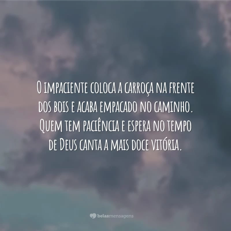 O impaciente coloca a carroça na frente dos bois e acaba empacado no caminho. Quem tem paciência e espera no tempo de Deus canta a mais doce vitória.