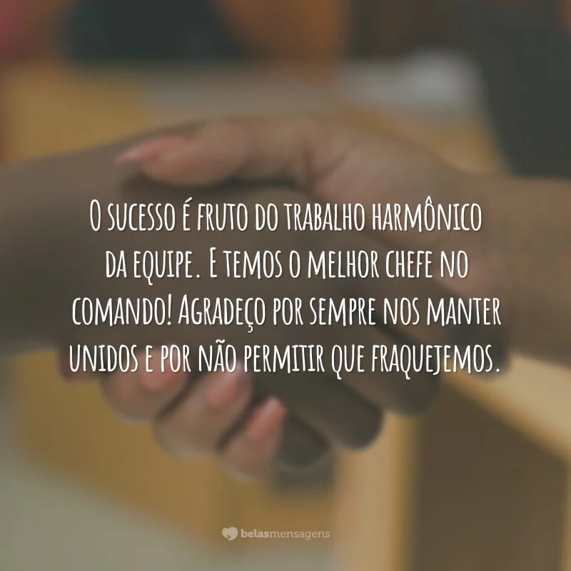 O sucesso é fruto do trabalho harmônico da equipe. E temos o melhor chefe no comando! Agradeço por sempre nos manter unidos e por não permitir que fraquejemos.