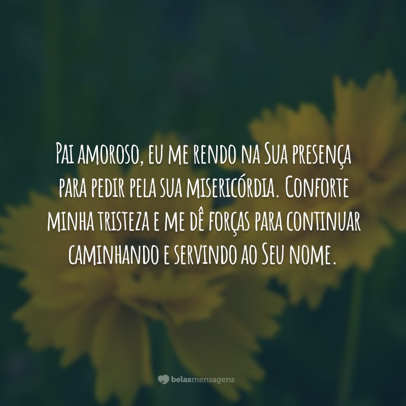 Pai amoroso, eu me rendo na Sua presença para pedir pela sua misericórdia. Conforte minha tristeza e me dê forças para continuar caminhando e servindo ao Seu nome.