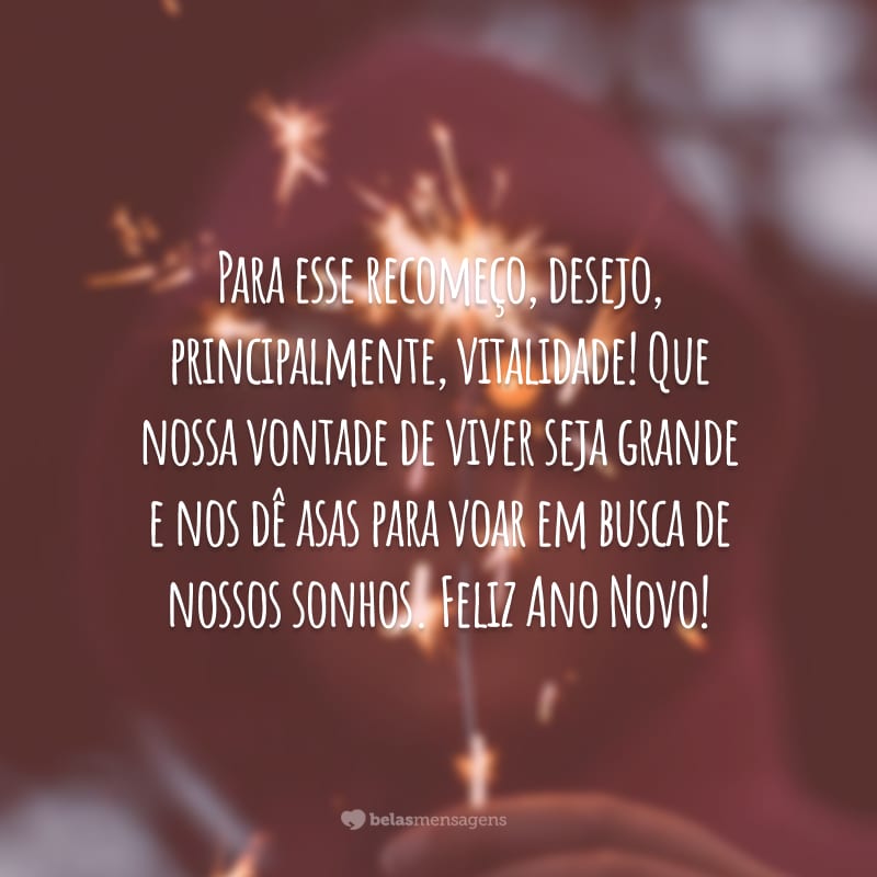 Para esse recomeço, desejo, principalmente, vitalidade! Que nossa vontade de viver seja grande e nos dê asas para voar em busca de nossos sonhos. Feliz Ano Novo!