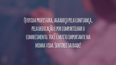 Querida professora, agradeço pela confiança, pela dedicação e por compartilhar o conhecimento. Você é muito importante na minha vida. Sentirei saudade!