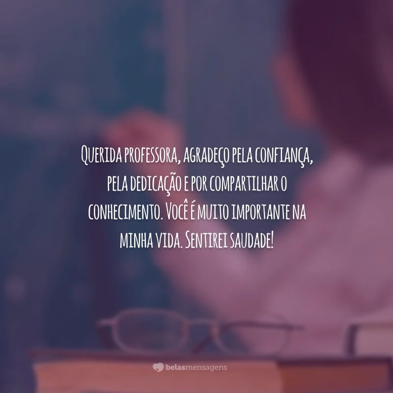 Querida professora, agradeço pela confiança, pela dedicação e por compartilhar o conhecimento. Você é muito importante na minha vida. Sentirei saudade!