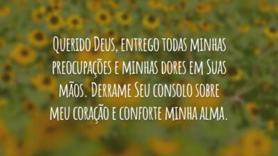 Querido Deus, entrego todas minhas preocupações e minhas dores em Suas mãos. Derrame Seu consolo sobre meu coração e conforte minha alma.