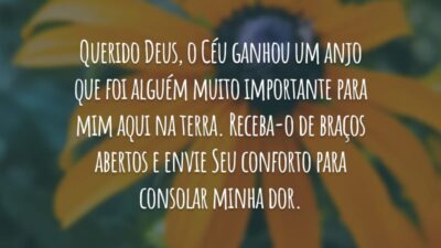 Querido Deus, o Céu ganhou um anjo que foi alguém muito importante para mim aqui na terra. Receba-o de braços abertos e envie Seu conforto para consolar minha dor.