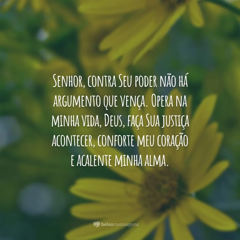 Senhor, contra Seu poder não há argumento que vença. Opera na minha vida, Deus, faça Sua justiça acontecer, conforte meu coração e acalente minha alma.