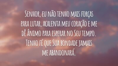Senhor, eu não tenho mais forças para lutar, acalenta meu coração e me dê ânimo para esperar no Seu tempo. Tenho fé que Sua bondade jamais me abandonará.