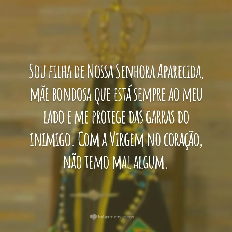 Sou filha de Nossa Senhora Aparecida, mãe bondosa que está sempre ao meu lado e me protege das garras do inimigo. Com a Virgem no coração, não temo mal algum.