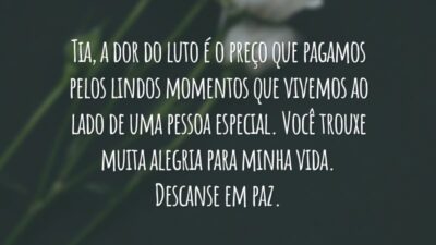 Tia, a dor do luto é o preço que pagamos pelos lindos momentos que vivemos ao lado de uma pessoa especial. Você trouxe muita alegria para minha vida. Descanse em paz.