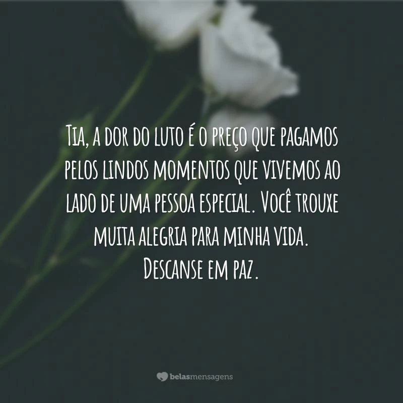 Tia, a dor do luto é o preço que pagamos pelos lindos momentos que vivemos ao lado de uma pessoa especial. Você trouxe muita alegria para minha vida. Descanse em paz.