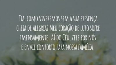 Tia, como viveremos sem a sua presença cheia de alegria? Meu coração de luto sofre imensamente. Aí do Céu, zele por nós e envie conforto para nossa família.