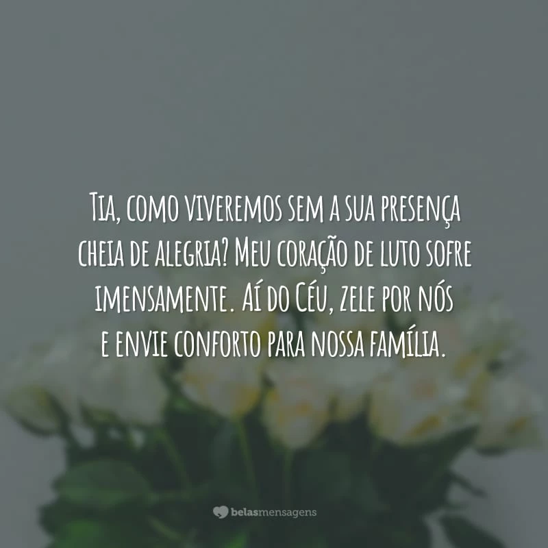 Tia, como viveremos sem a sua presença cheia de alegria? Meu coração de luto sofre imensamente. Aí do Céu, zele por nós e envie conforto para nossa família.