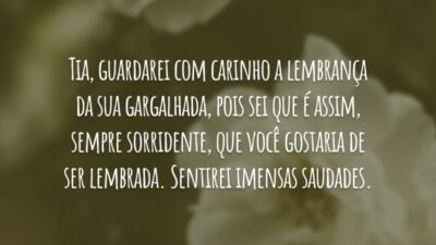 Tia, guardarei com carinho a lembrança da sua gargalhada, pois sei que é assim, sempre sorridente, que você gostaria de ser lembrada. Sentirei imensas saudades.