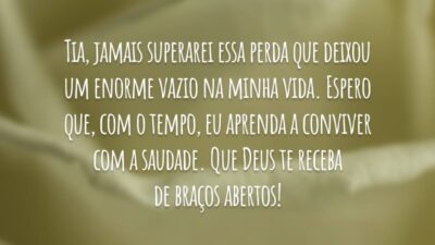 Tia, jamais superarei essa perda que deixou um enorme vazio na minha vida. Espero que, com o tempo, eu aprenda a conviver com a saudade. Que Deus te receba de braços abertos!