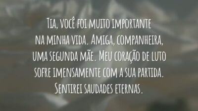 Tia, você foi muito importante na minha vida. Amiga, companheira, uma segunda mãe. Meu coração de luto sofre imensamente com a sua partida. Sentirei saudades eternas.
