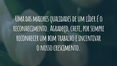 Uma das maiores qualidades de um líder é o reconhecimento. Agradeço, chefe, por sempre reconhecer um bom trabalho e incentivar o nosso crescimento.