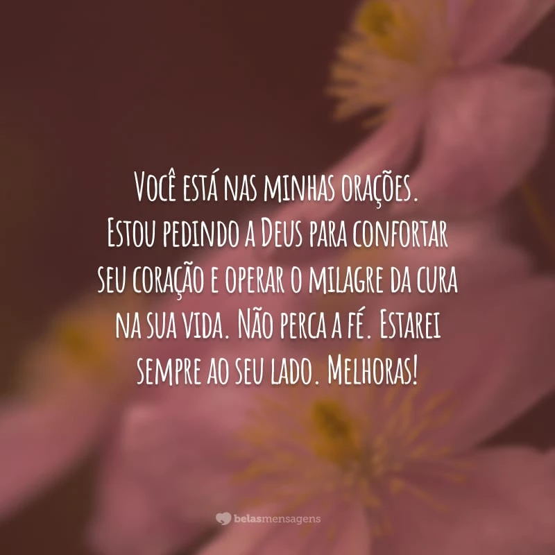 Você está nas minhas orações. Estou pedindo a Deus para confortar seu coração e operar o milagre da cura na sua vida. Não perca a fé. Estarei sempre ao seu lado. Melhoras!