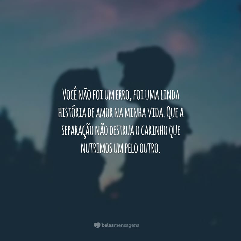 Você não foi um erro, foi uma linda história de amor na minha vida. Que a separação não destrua o carinho que nutrimos um pelo outro.