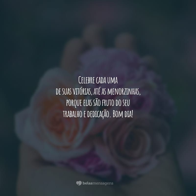 Celebre cada uma de suas vitórias, até as menorzinhas, porque elas são fruto do seu trabalho e dedicação. Bom dia!