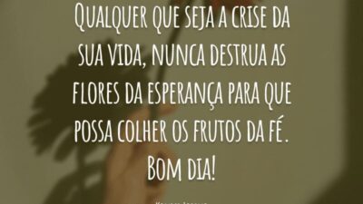 Qualquer que seja a crise da sua vida, nunca destrua as flores da esperança para que possa colher os frutos da fé. Bom dia!