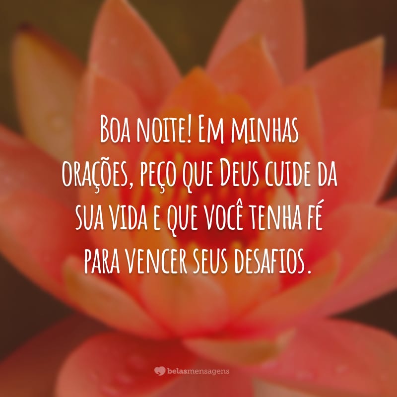 Boa noite! Em minhas orações, peço que Deus cuide da sua vida e que você tenha fé para vencer seus desafios.