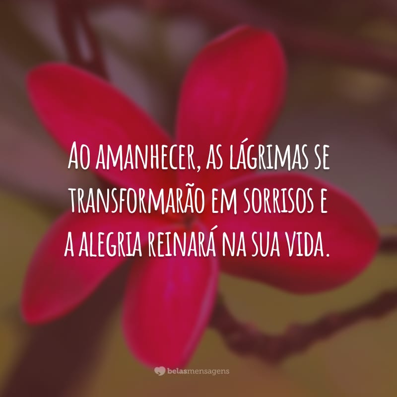 Ao amanhecer, as lágrimas se transformarão em sorrisos e a alegria reinará na sua vida.