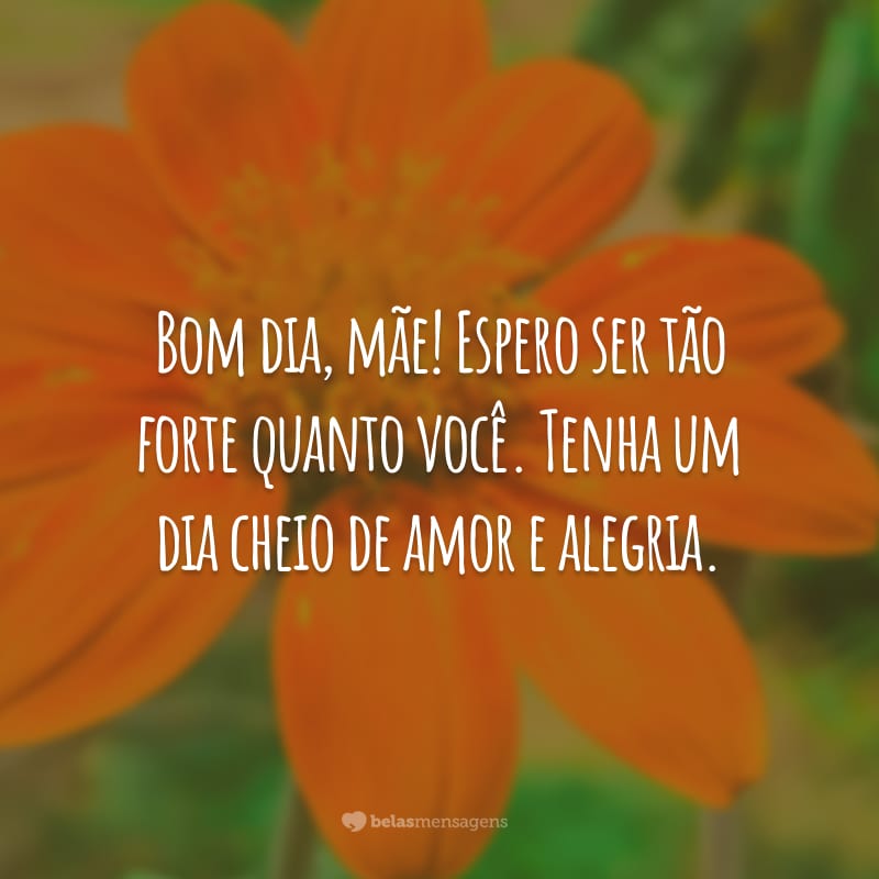 Bom dia, mãe! Espero ser tão forte quanto você. Tenha um dia cheio de amor e alegria.