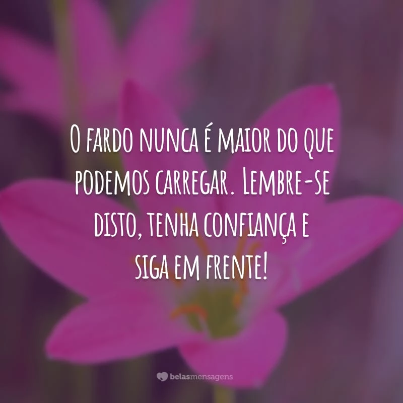 O fardo nunca é maior do que podemos carregar. Lembre-se disto, tenha confiança e siga em frente!