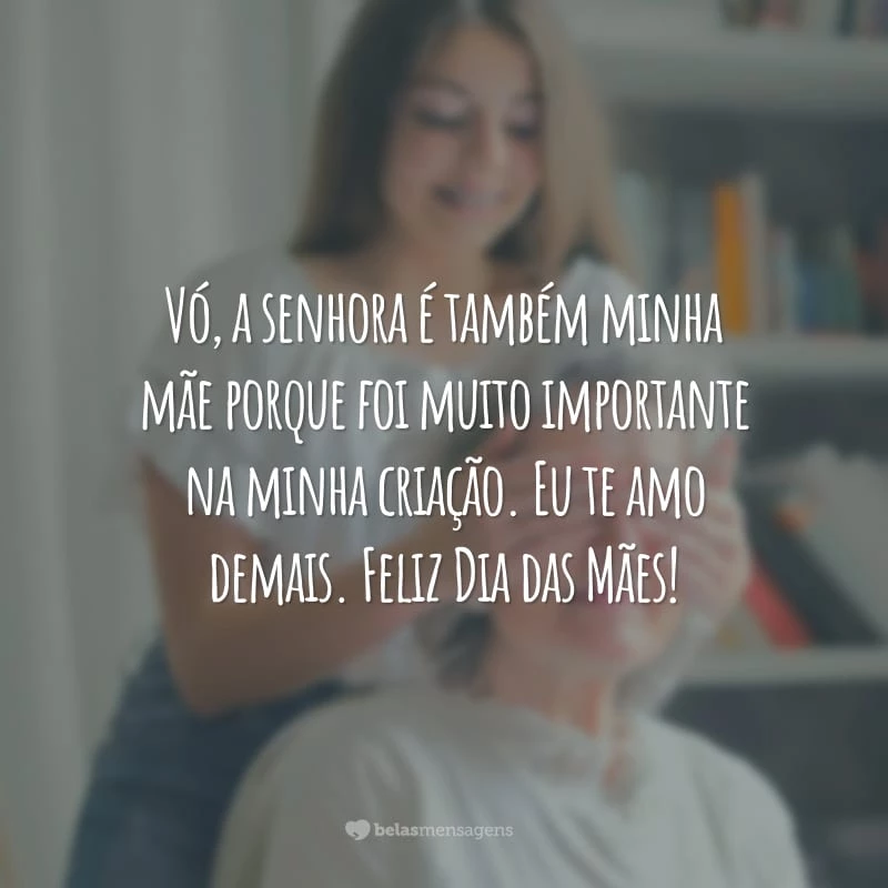 Vó, a senhora é também minha mãe porque foi muito importante na minha criação. Eu te amo demais. Feliz Dia das Mães!