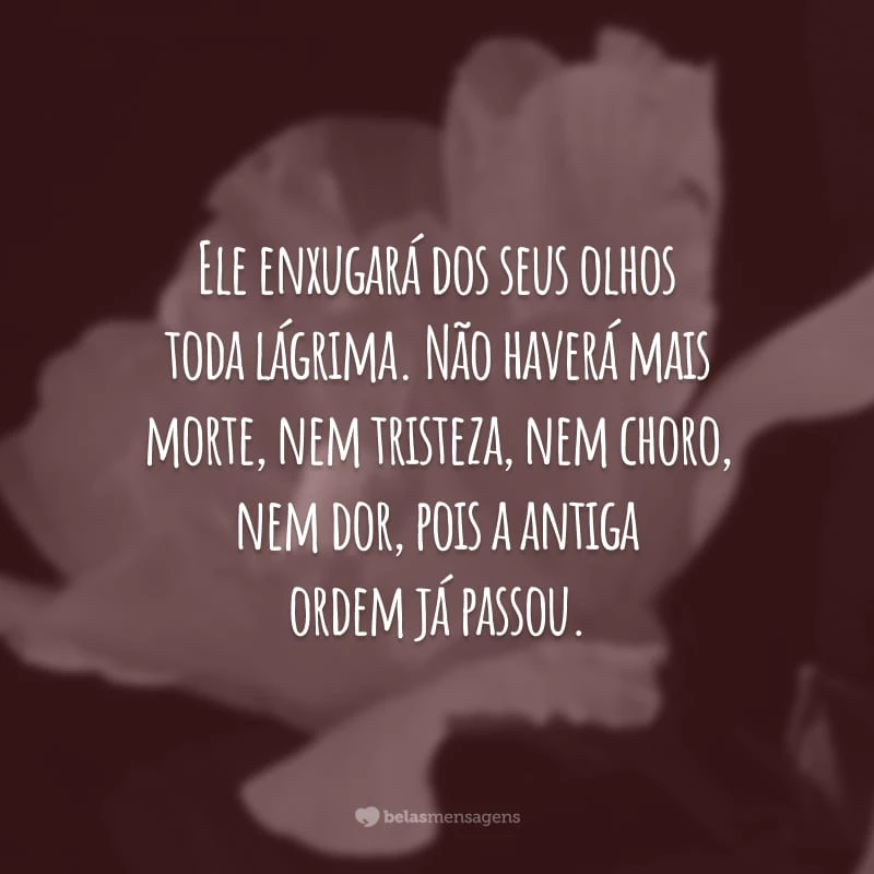 Ele enxugará dos seus olhos toda lágrima. Não haverá mais morte, nem tristeza, nem choro, nem dor, pois a antiga ordem já passou.