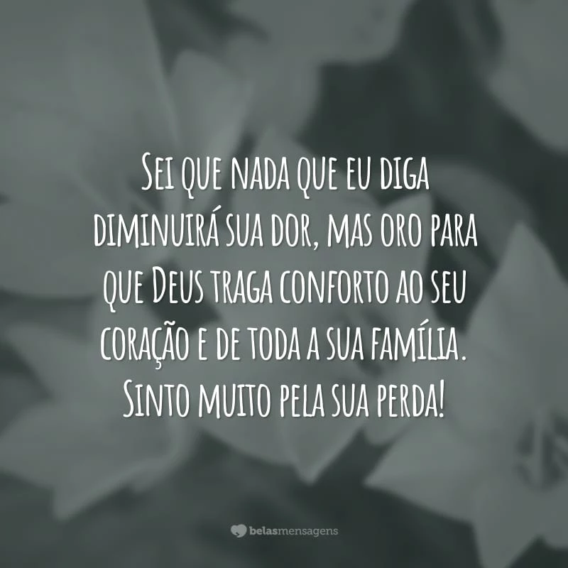 Sei que nada que eu diga diminuirá sua dor, mas oro para que Deus traga conforto ao seu coração e de toda a sua família. Sinto muito pela sua perda!