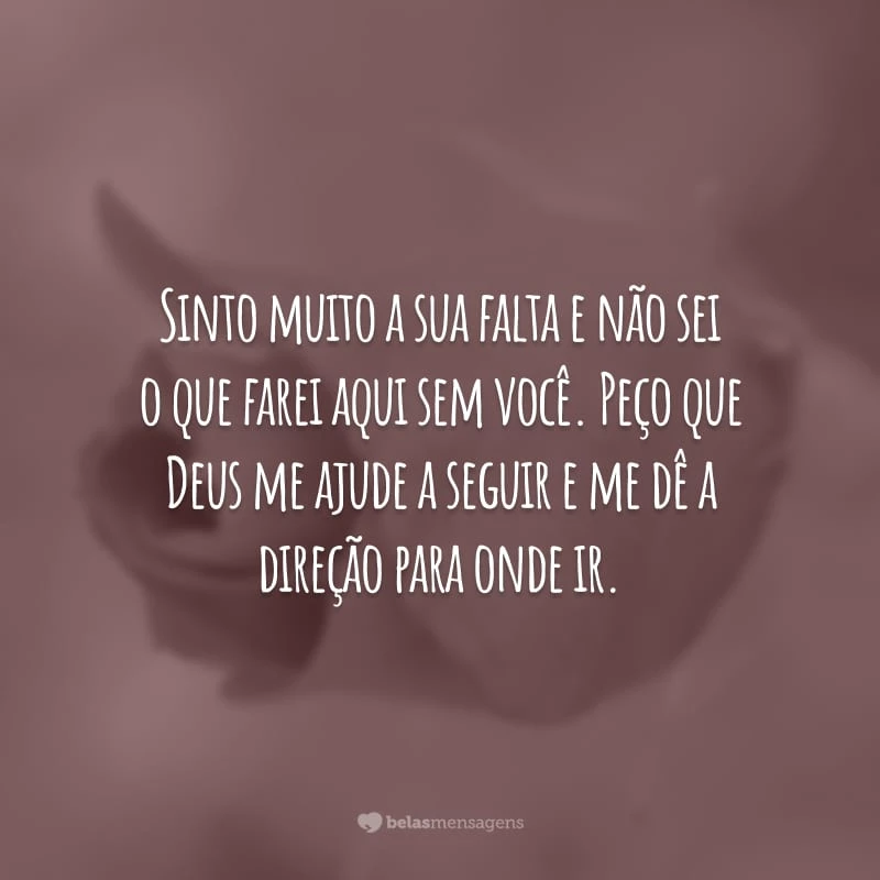 Sinto muito a sua falta e não sei o que farei aqui sem você. Peço que Deus me ajude a seguir e me dê a direção para onde ir.