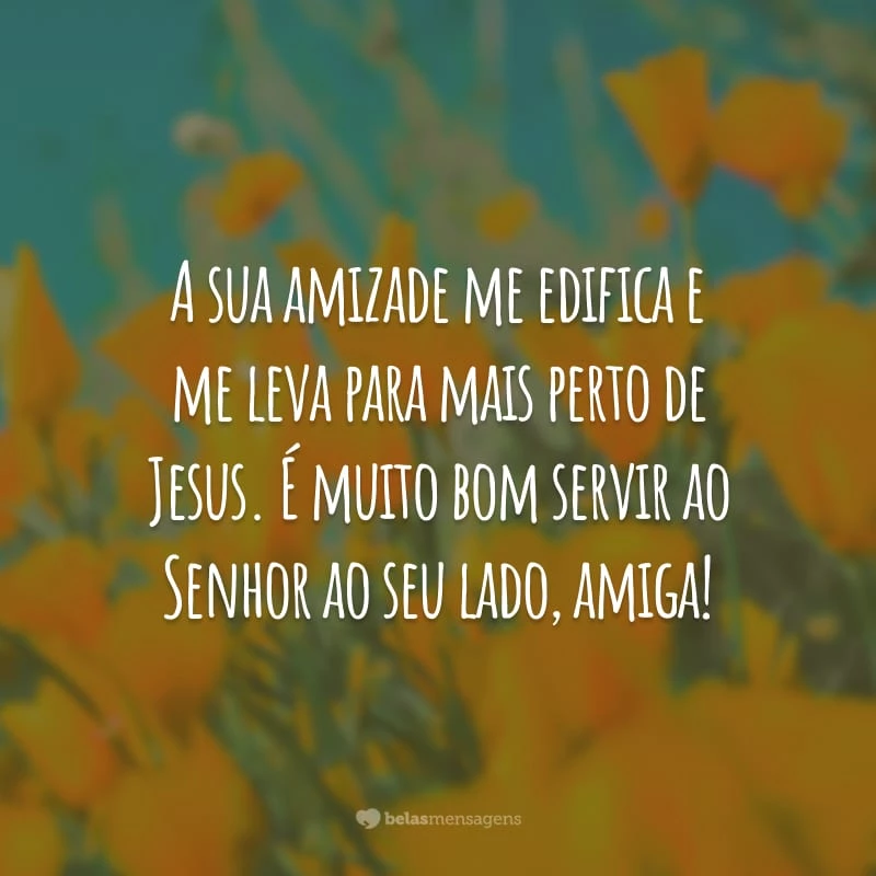 A sua amizade me edifica e me leva para mais perto de Jesus. É muito bom servir ao Senhor ao seu lado, amiga!