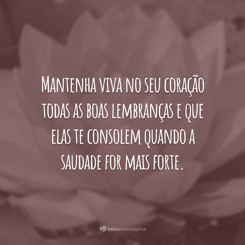 Mantenha viva no seu coração todas as boas lembranças e que elas te consolem quando a saudade for mais forte.