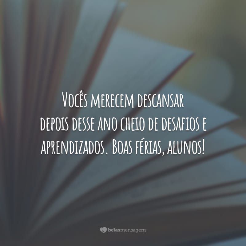 Vocês merecem descansar depois desse ano cheio de desafios e aprendizados. Boas férias, alunos!